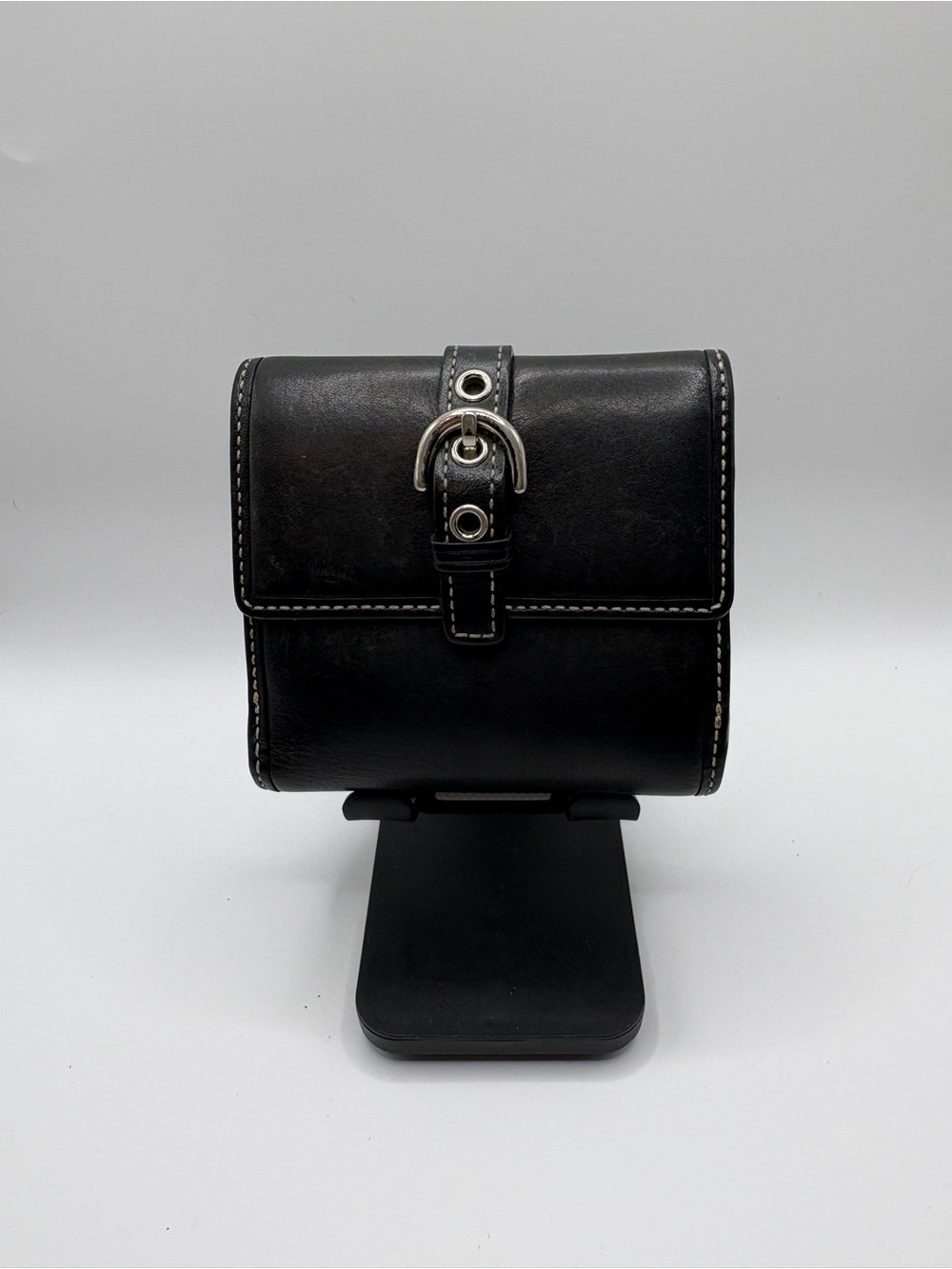 Coach Black Leather Compact Wallet with Silver Buckle